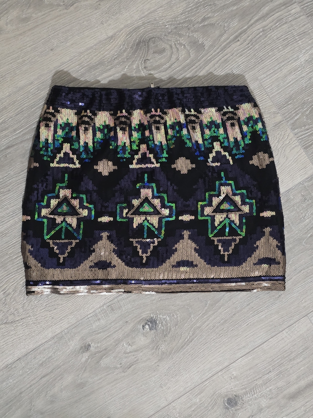 Marineblu Navy Sequin Mini Skirt with Green and Gold Accents